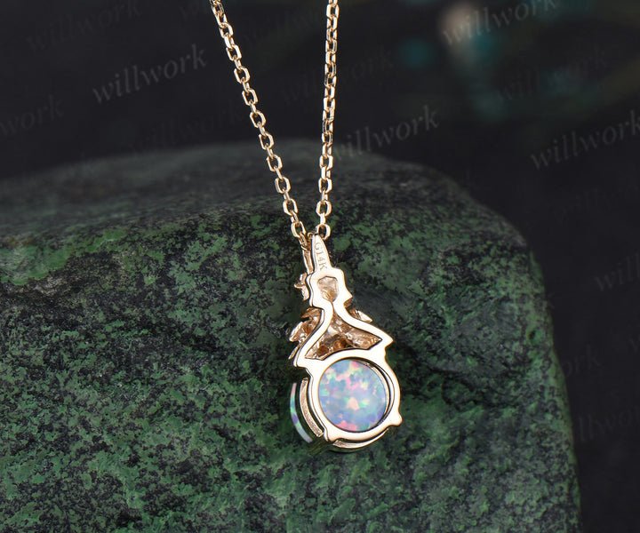 Vintage round white opal necklace 14k yellow gold Floral leaf diamond pendant women anniversary gift jewelry