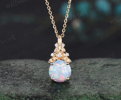 Vintage round white opal necklace 14k yellow gold Floral leaf diamond pendant women anniversary gift jewelry