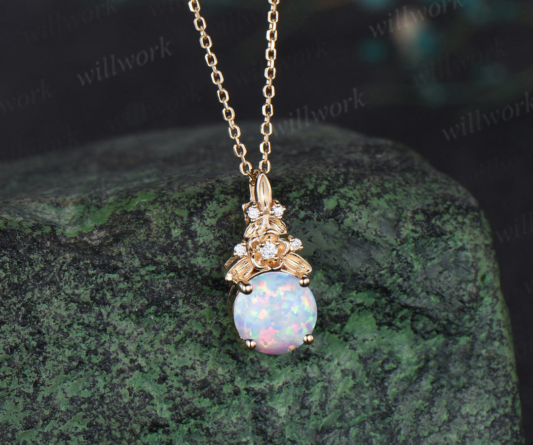 Vintage round white opal necklace 14k yellow gold Floral leaf diamond pendant women anniversary gift jewelry