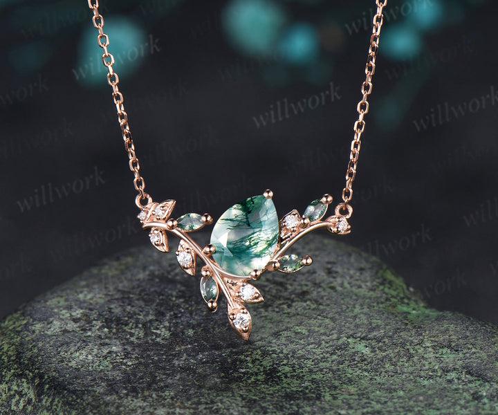 Pear Cut Moss Agate Leaf Vine Necklace Marquise Moss Agate Moissanite Pendant Nature Inspired Necklace for Women