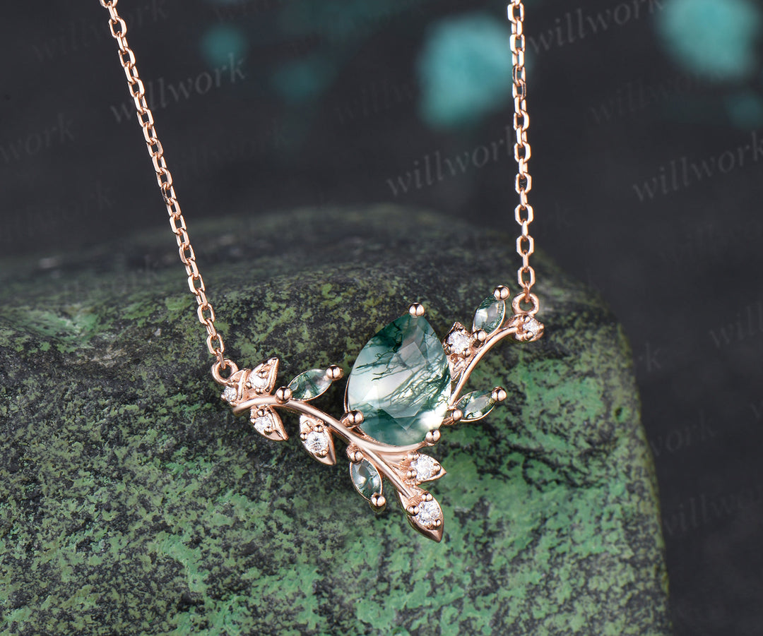 Pear Cut Moss Agate Leaf Vine Necklace Marquise Moss Agate Moissanite Pendant Nature Inspired Necklace for Women