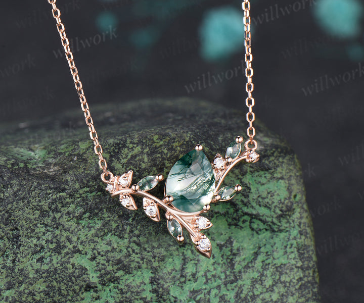 Pear Cut Moss Agate Leaf Vine Necklace Marquise Moss Agate Moissanite Pendant Nature Inspired Necklace for Women