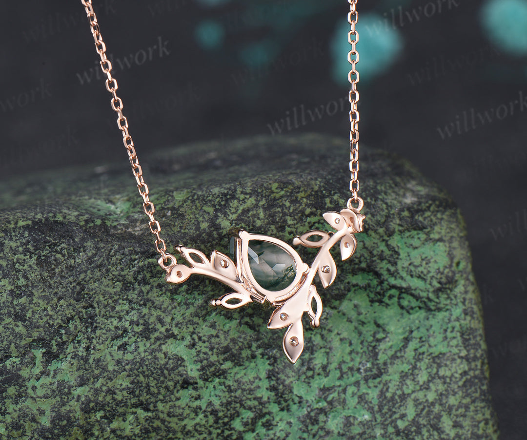 Pear Cut Moss Agate Leaf Vine Necklace Marquise Moss Agate Moissanite Pendant Nature Inspired Necklace for Women