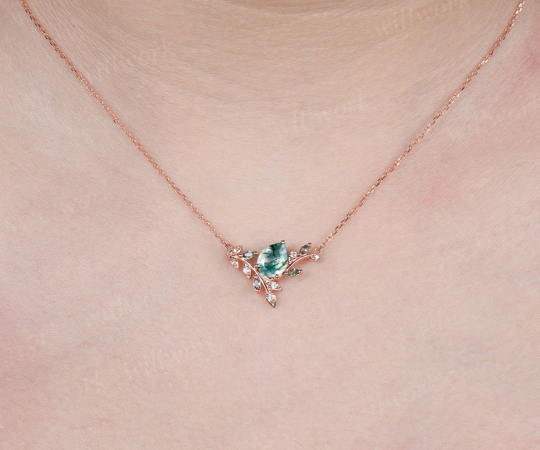 Pear Cut Moss Agate Leaf Vine Necklace Marquise Moss Agate Moissanite Pendant Nature Inspired Necklace for Women