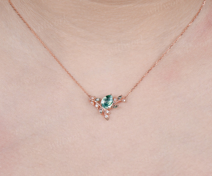 Pear Cut Moss Agate Leaf Vine Necklace Marquise Moss Agate Moissanite Pendant Nature Inspired Necklace for Women