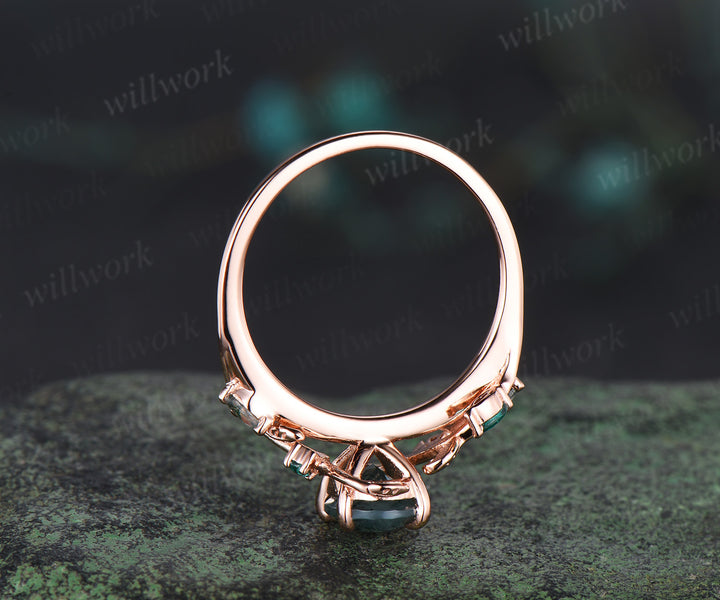 Oval cut moss agate ring rose gold leaf moss agate ring vintage branch Nature Inspired unique Engagement Ring women jewelry