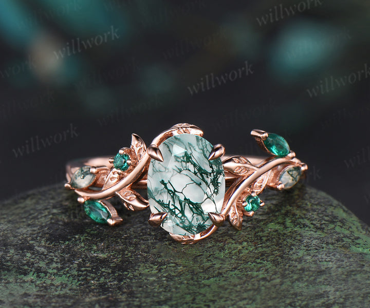 Oval cut moss agate ring rose gold leaf moss agate ring vintage branch Nature Inspired unique Engagement Ring women jewelry