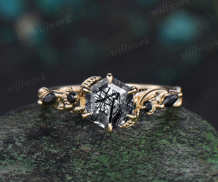 Vintage hexagon cut black rutilated quartz engagement ring set yellow gold leaf nature inspired five stone black spinel ring women