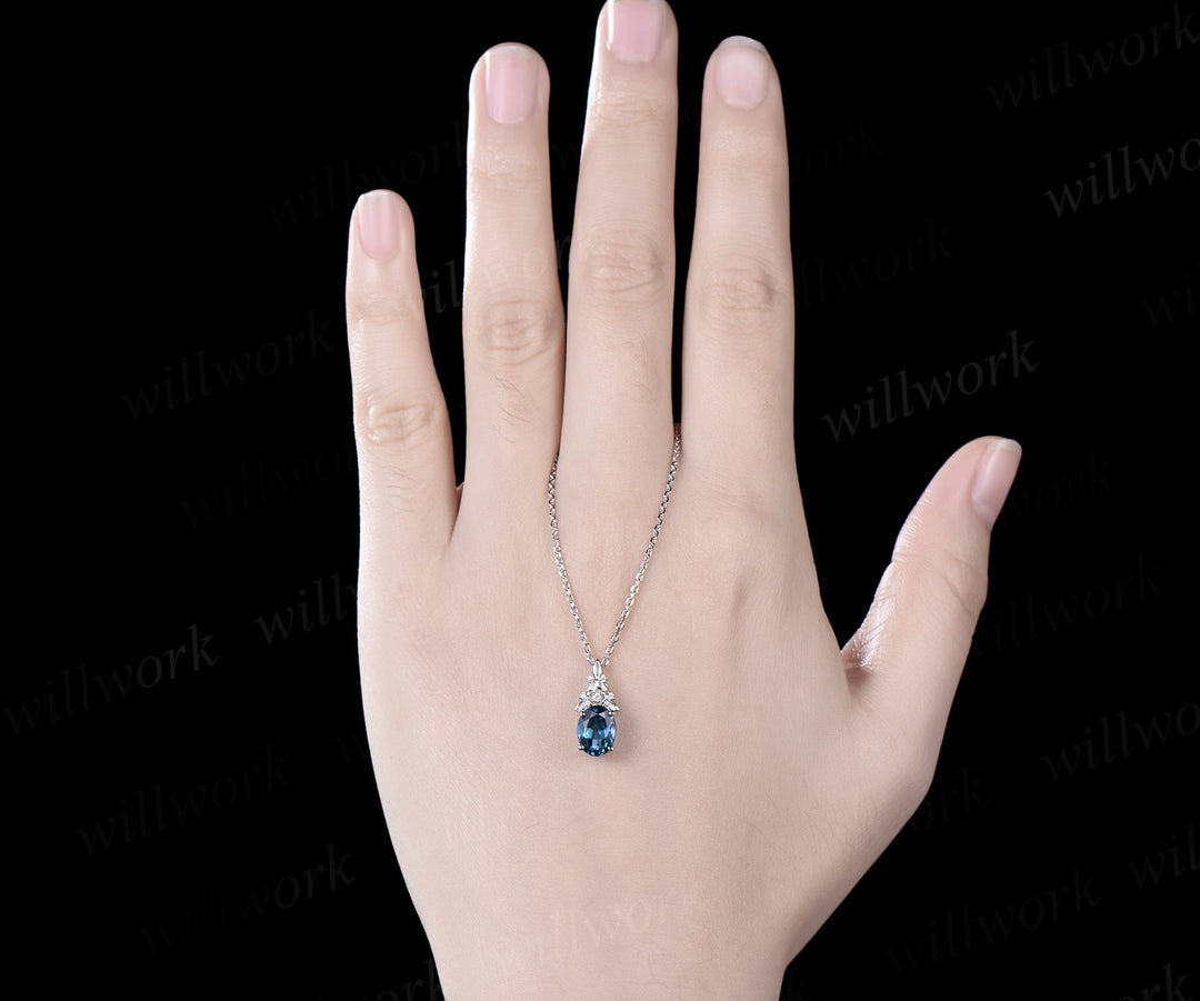 Vintage oval cut London blue topaz necklace 14k white gold Floral leaf diamond pendant women anniversary gift jewelry