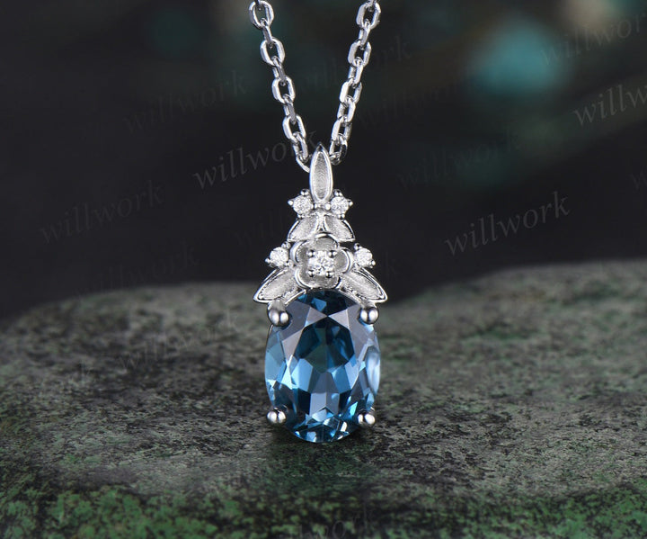 Vintage oval cut London blue topaz necklace 14k white gold Floral leaf diamond pendant women anniversary gift jewelry