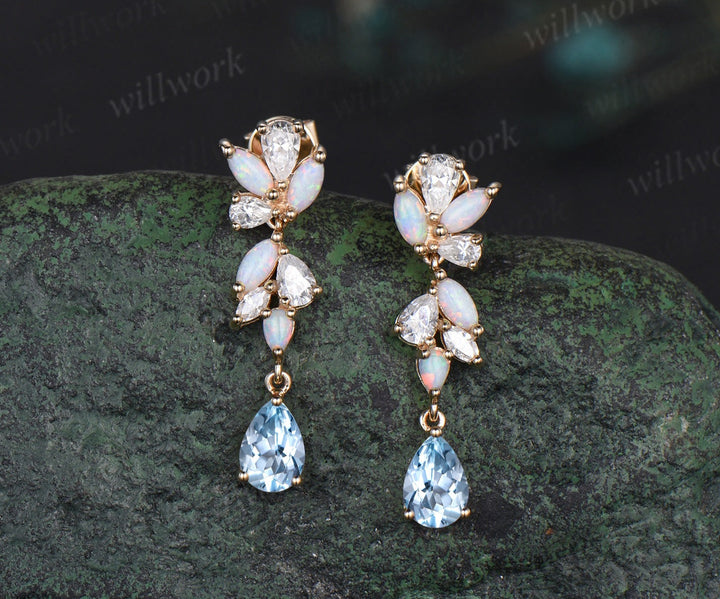 Pear natural aquamarine earrings solid 14k yellow gold cluster diamond opal drop earrings women jewelry anniversary gift for her