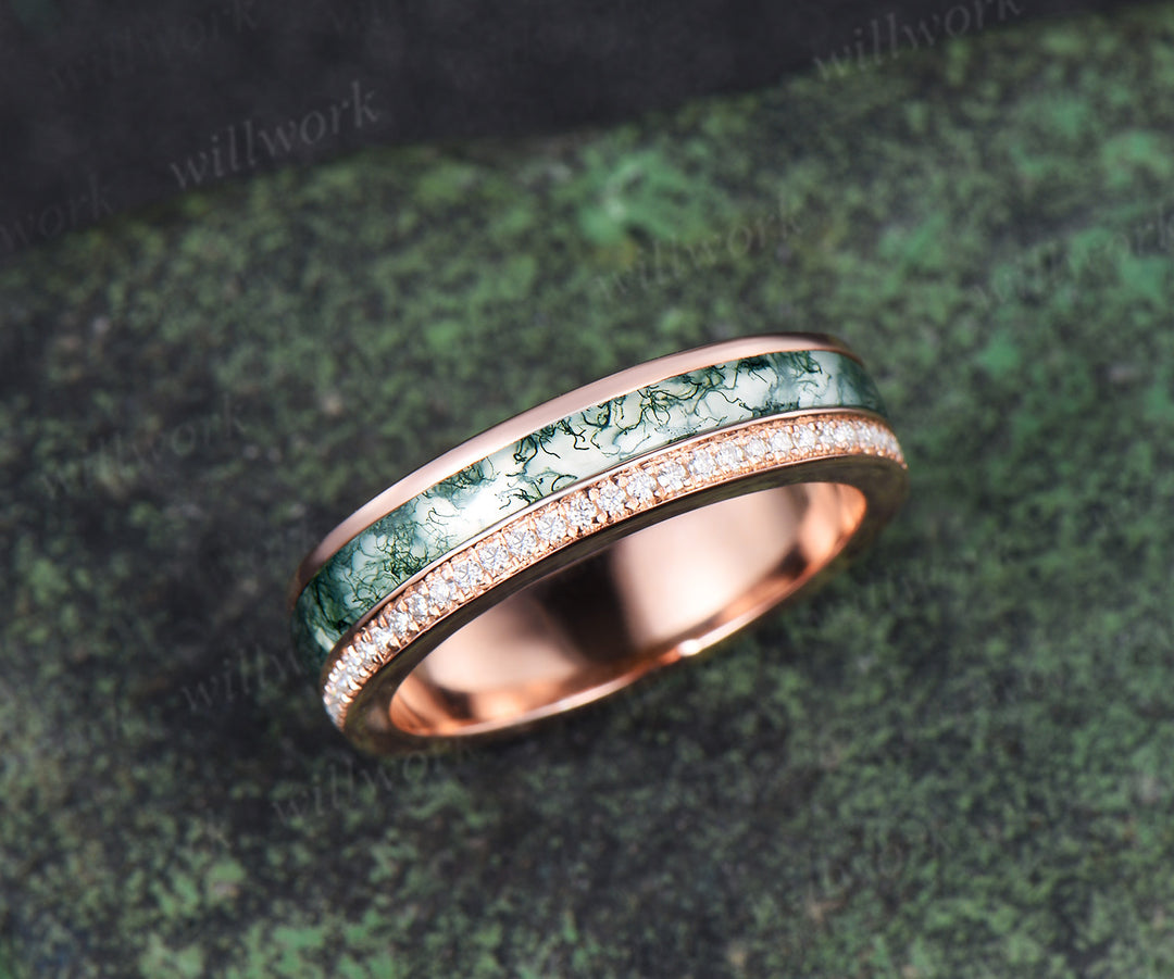 Full eternity bezel moss agate wedding band mens double line moissanite 14k rose gold ring unique engagement bridal ring for husband him