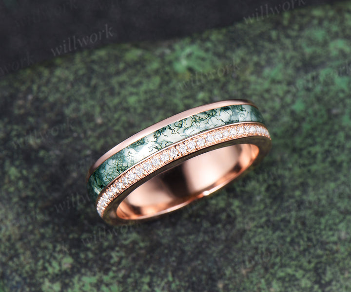 Full eternity bezel moss agate wedding band mens double line moissanite 14k rose gold ring unique engagement bridal ring for husband him