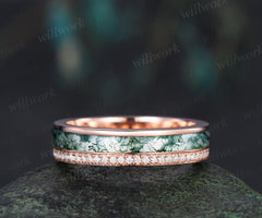 Full eternity bezel moss agate wedding band mens double line moissanite 14k rose gold ring unique engagement bridal ring for husband him