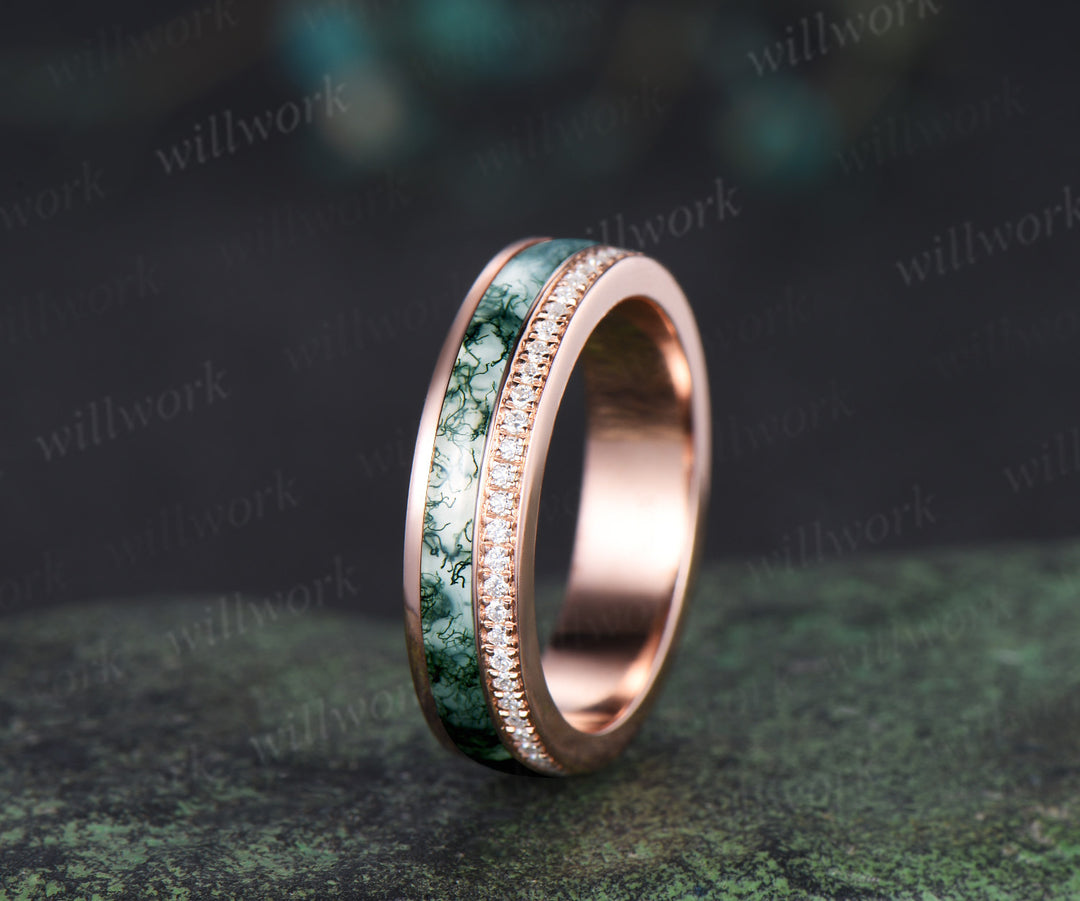Full eternity bezel moss agate wedding band mens double line moissanite 14k rose gold ring unique engagement bridal ring for husband him