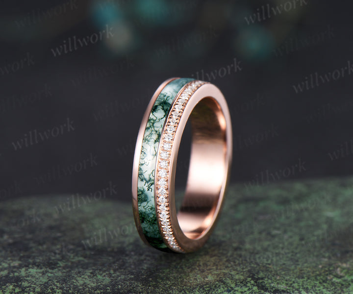 Full eternity bezel moss agate wedding band mens double line moissanite 14k rose gold ring unique engagement bridal ring for husband him