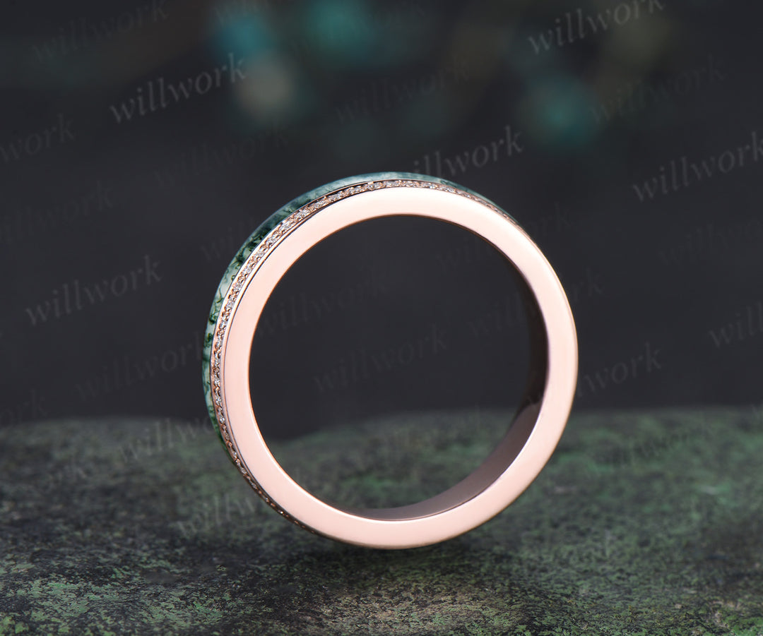 Full eternity bezel moss agate wedding band mens double line moissanite 14k rose gold ring unique engagement bridal ring for husband him