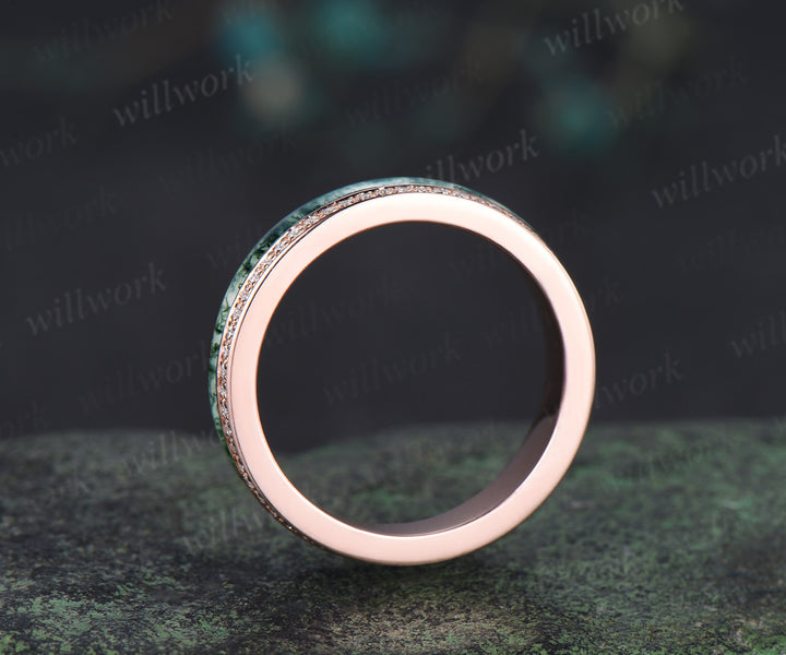 Full eternity bezel moss agate wedding band mens double line moissanite 14k rose gold ring unique engagement bridal ring for husband him
