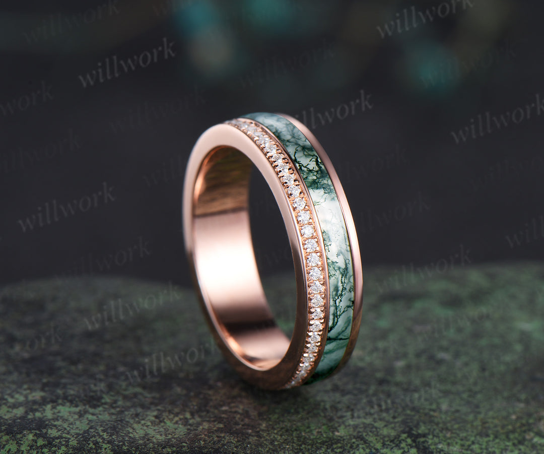 Full eternity bezel moss agate wedding band mens double line moissanite 14k rose gold ring unique engagement bridal ring for husband him