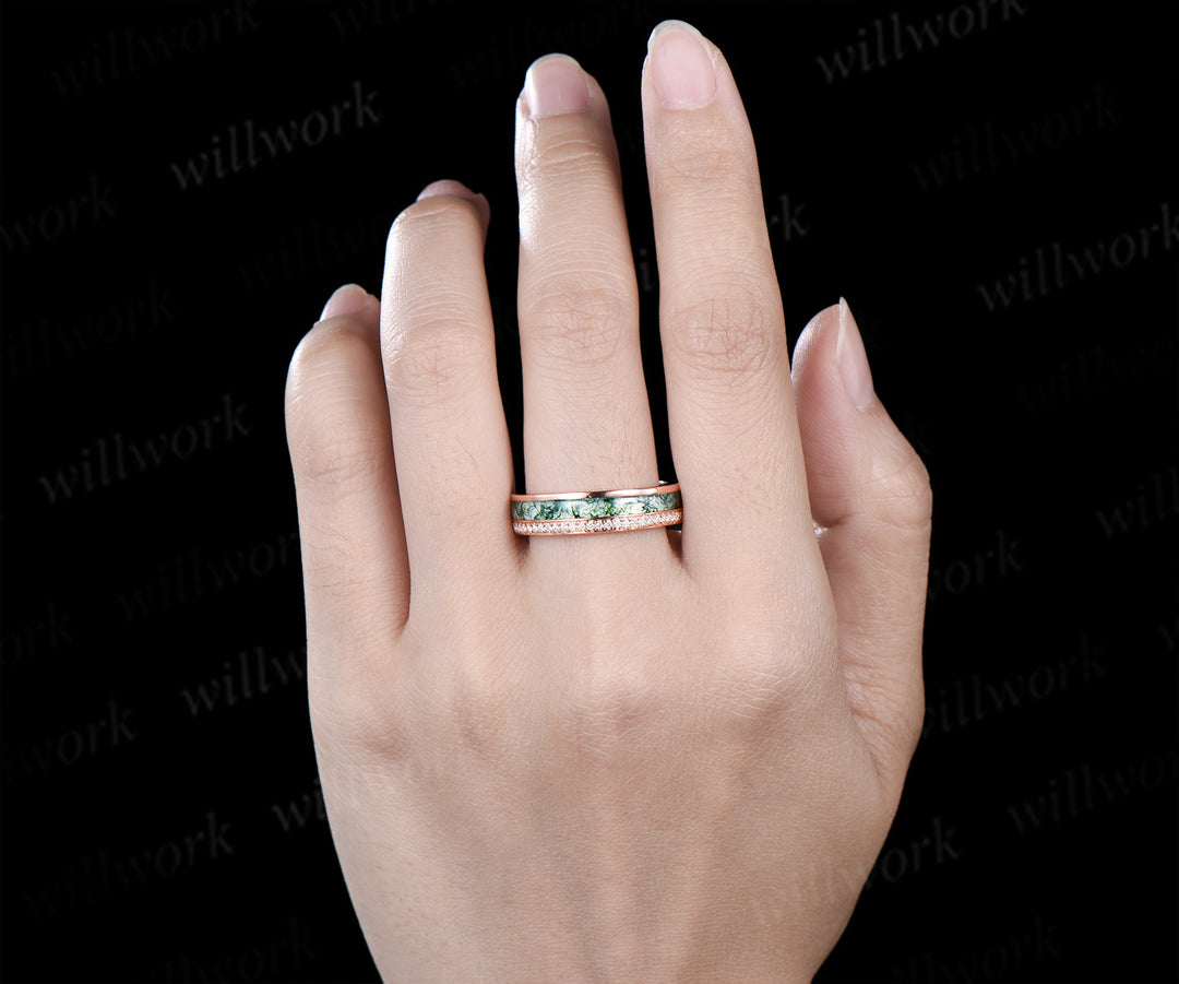 Full eternity bezel moss agate wedding band mens double line moissanite 14k rose gold ring unique engagement bridal ring for husband him