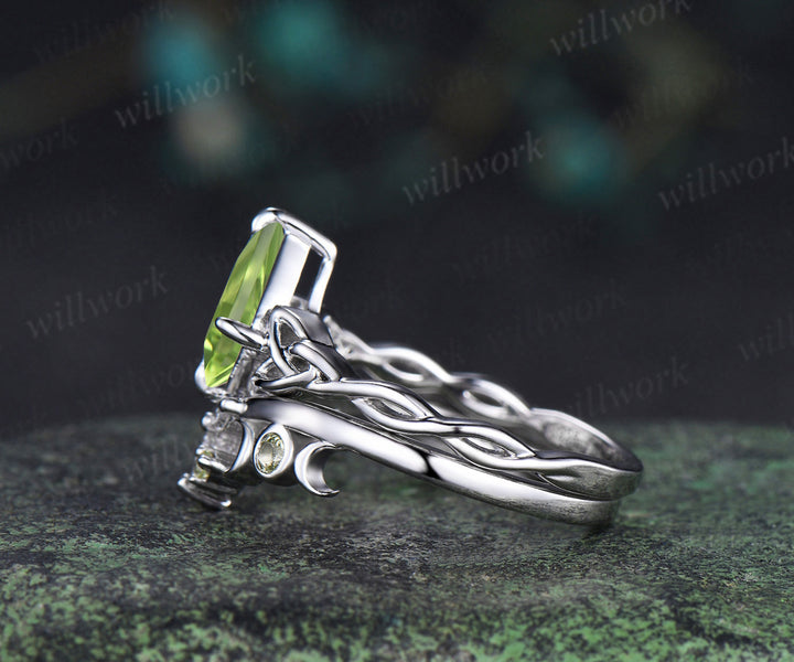 Kite cut peridot engagement ring set solid 14k white gold moon Celtic knot infinity solitaire promise wedding ring women