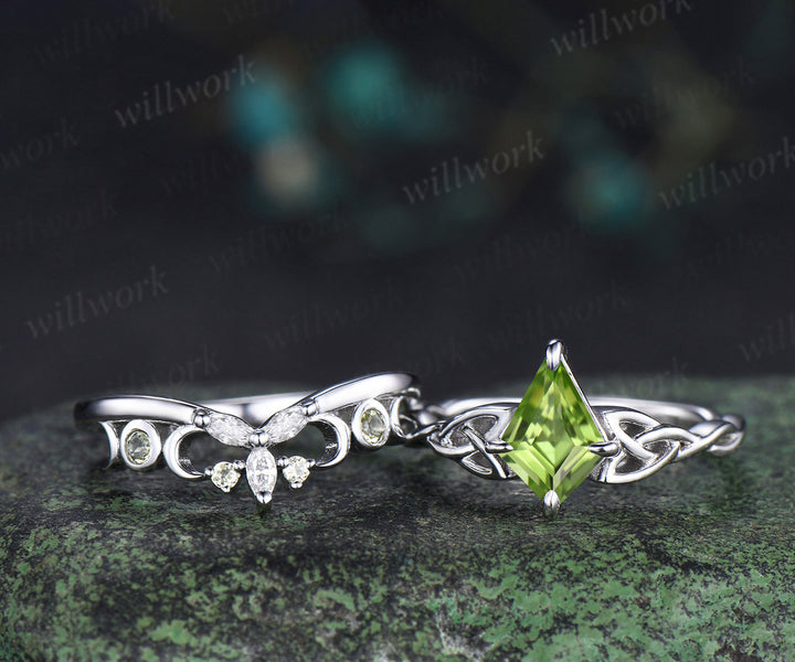Kite cut peridot engagement ring set solid 14k white gold moon Celtic knot infinity solitaire promise wedding ring women
