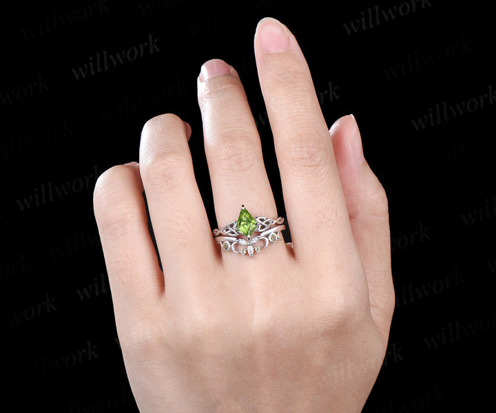 Kite cut peridot engagement ring set solid 14k white gold moon Celtic knot infinity solitaire promise wedding ring women