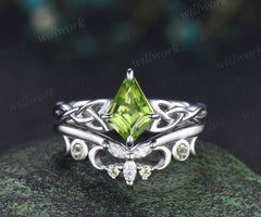 Kite cut peridot engagement ring set solid 14k white gold moon Celtic knot infinity solitaire promise wedding ring women