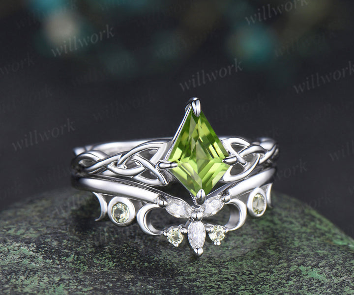 Kite cut peridot engagement ring set solid 14k white gold moon Celtic knot infinity solitaire promise wedding ring women