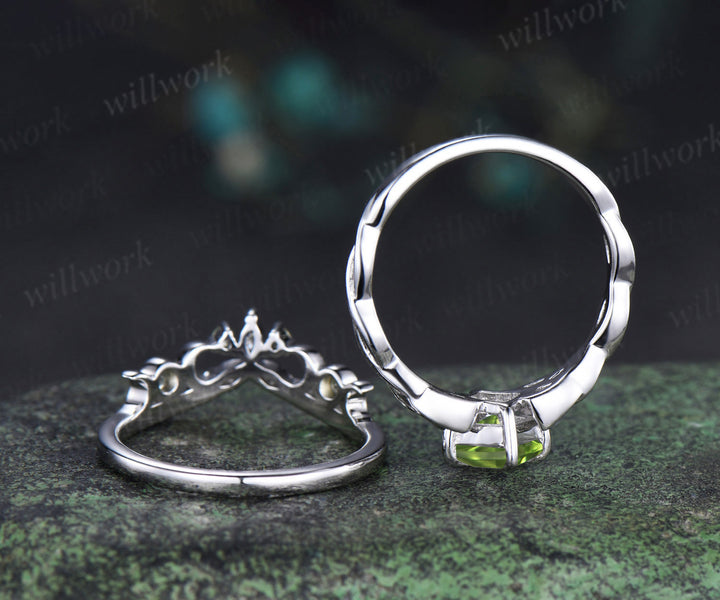 Kite cut peridot engagement ring set solid 14k white gold moon Celtic knot infinity solitaire promise wedding ring women