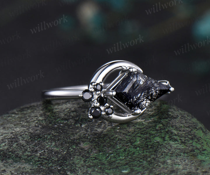 Moon kite cut black rutilated quartz engagement ring white gold East To West black spinel wedding anniversary ring gift