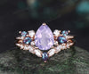 Pear shaped Lavender Amethyst engagement ring solid 14k rose gold cluster snowdrift alexandrite diamond stacking wedding bridal ring set women