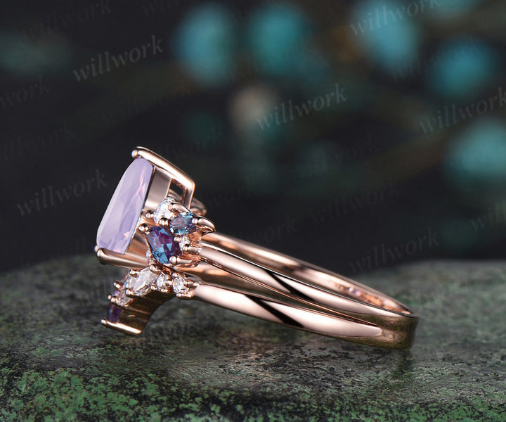 Pear shaped Lavender Amethyst engagement ring solid 14k rose gold cluster snowdrift alexandrite diamond stacking wedding bridal ring set women