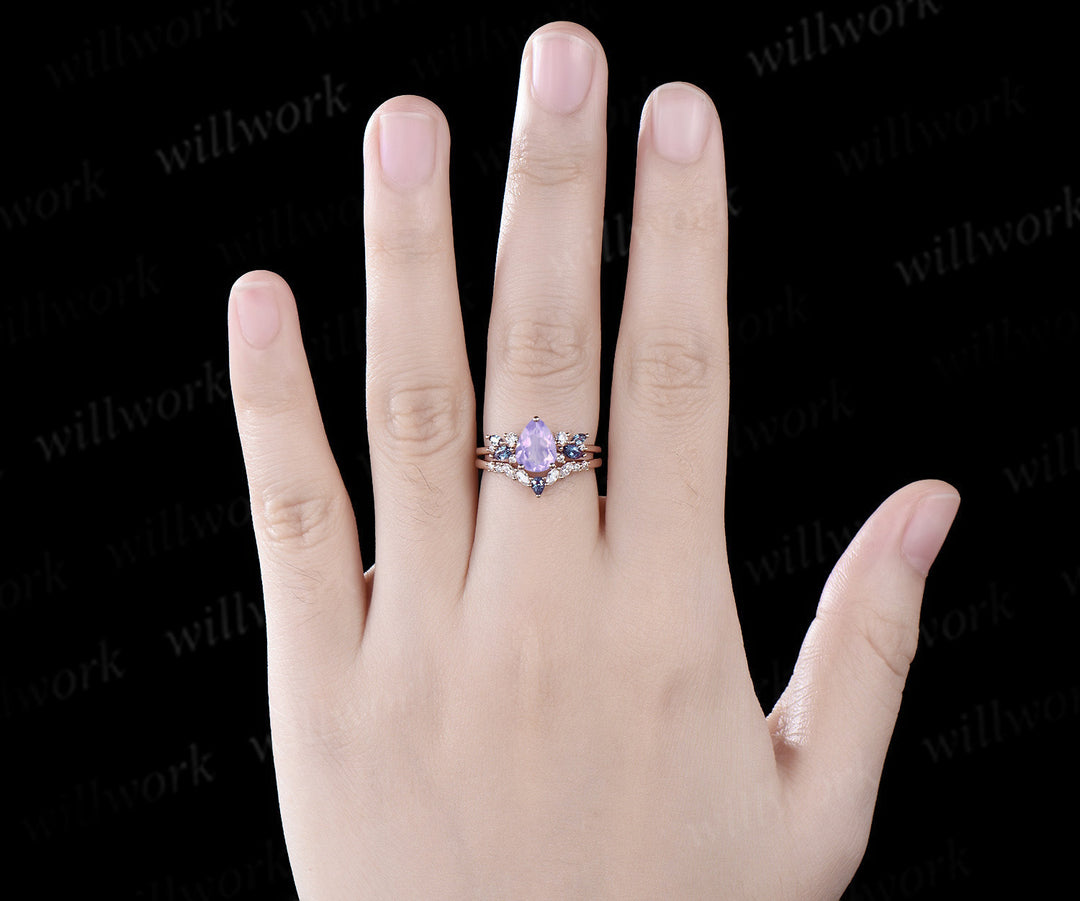Pear shaped Lavender Amethyst engagement ring solid 14k rose gold cluster snowdrift alexandrite diamond stacking wedding bridal ring set women