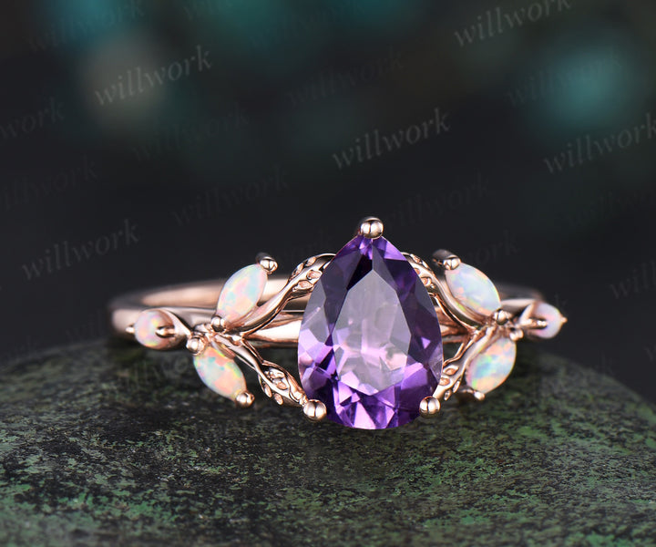 Pear cut amethyst engagement ring retro 14k rose gold nature inspired leaf marquise opal ring unique wedding bridal ring women jewelry