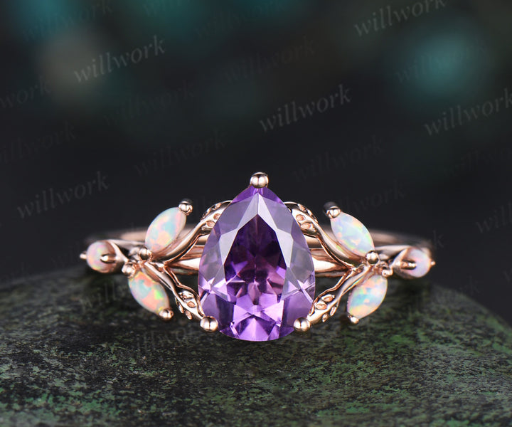 Pear cut amethyst engagement ring retro 14k rose gold nature inspired leaf marquise opal ring unique wedding bridal ring women jewelry