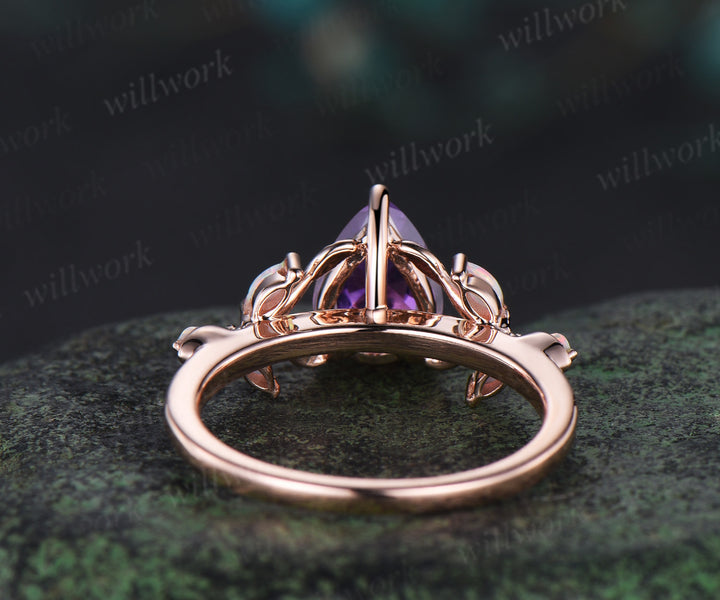 Pear cut amethyst engagement ring retro 14k rose gold nature inspired leaf marquise opal ring unique wedding bridal ring women jewelry