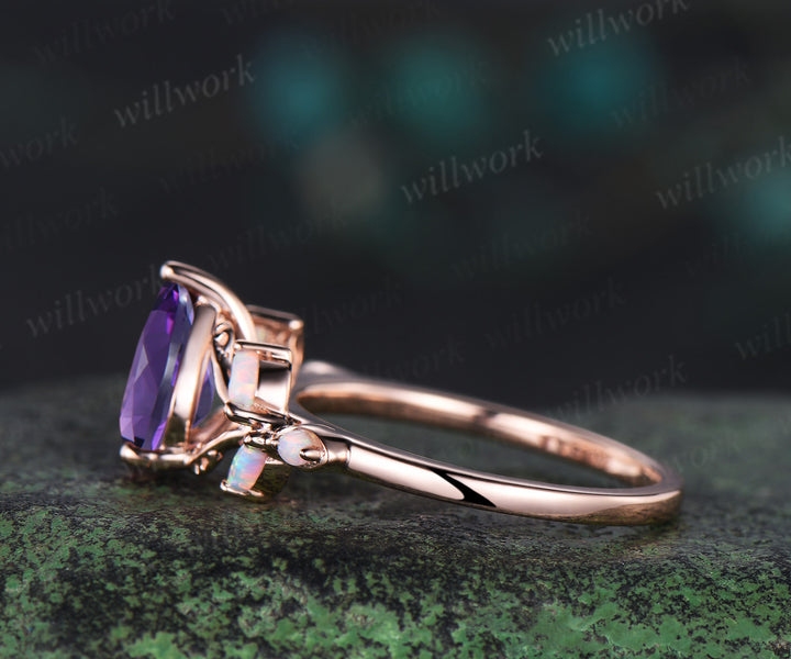 Pear cut amethyst engagement ring retro 14k rose gold nature inspired leaf marquise opal ring unique wedding bridal ring women jewelry