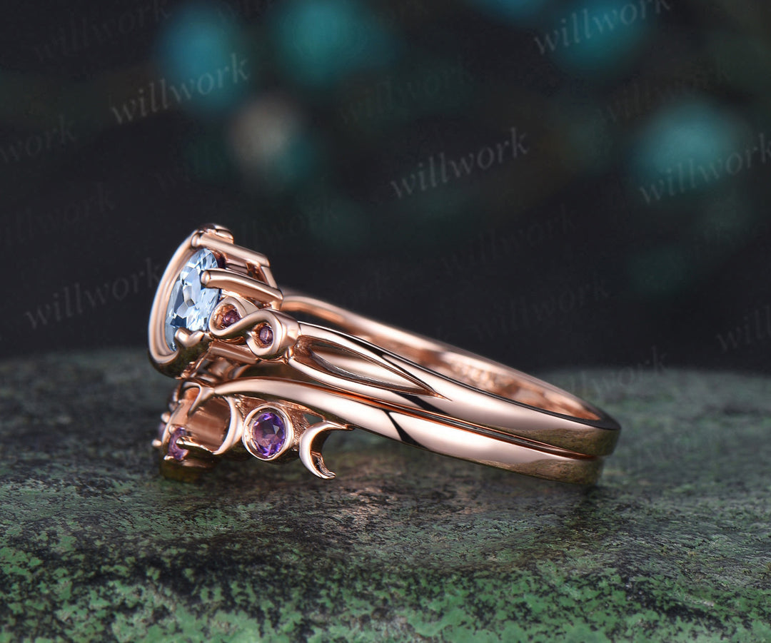 Round cut aquamarine engagement ring rose gold moon infinity five stone amethyst wedding ring set women Norse Viking Jewelry