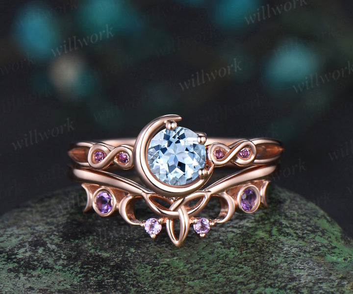 Round cut aquamarine engagement ring rose gold moon infinity five stone amethyst wedding ring set women Norse Viking Jewelry