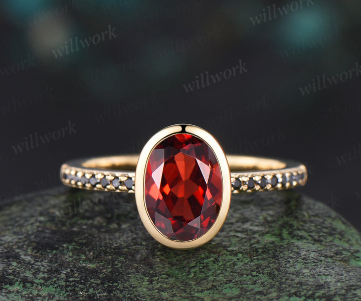 Bezel oval cut red garnet Engagement Ring set 14k yellow gold Milgrain Half Eternity black diamond anniversary ring women gift