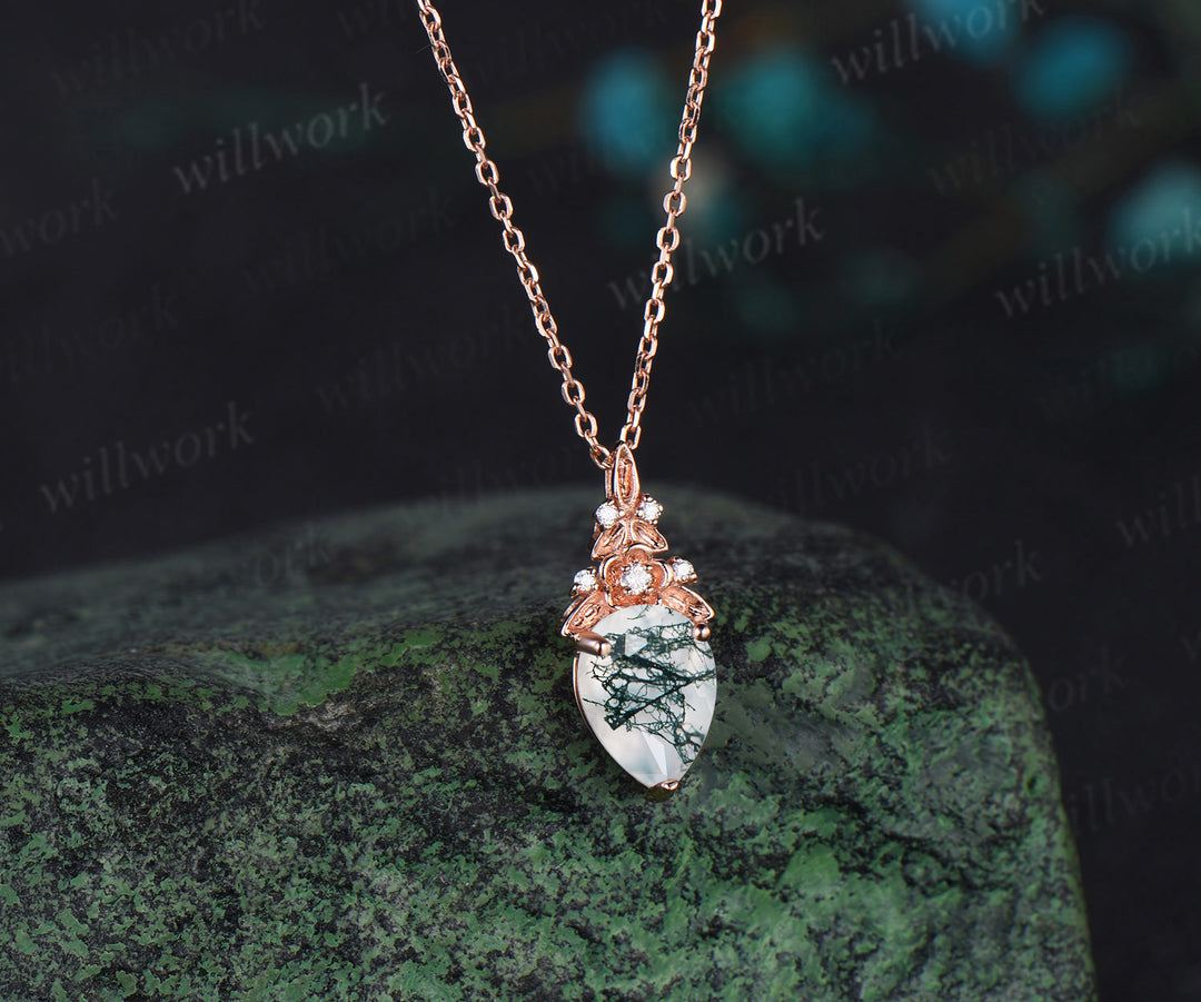 Vintage pear moss agate necklace 14k rose gold Floral leaf diamond pendant women anniversary gift jewelry