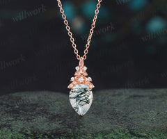 Vintage pear moss agate necklace 14k rose gold Floral leaf diamond pendant women anniversary gift jewelry