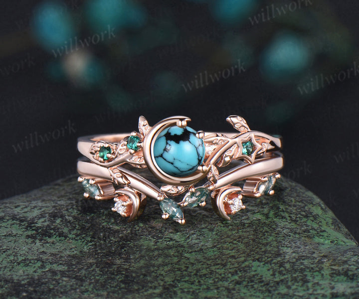 Vintage round Turquoise engagement ring rose gold leaf star moon emerald moss agate bridal anniversary ring set women jewelry