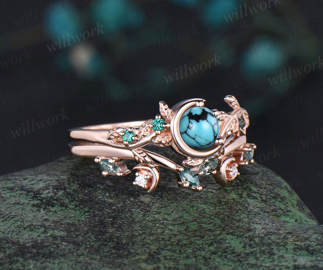 Vintage round Turquoise engagement ring rose gold leaf star moon emerald moss agate bridal anniversary ring set women jewelry