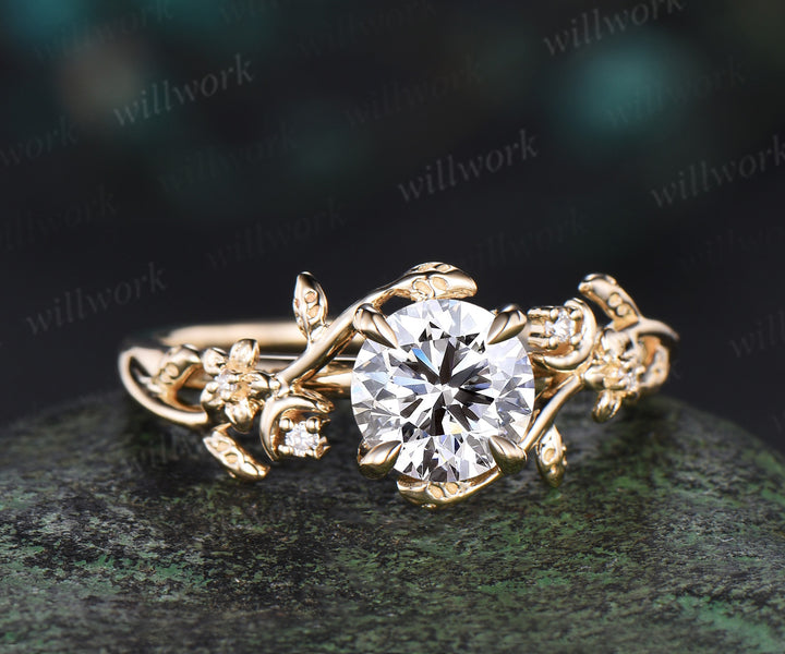 1ct Round cut Lab grown diamond engagement ring 14k yellow gold moon floral five stone ring vintage leaf branch promise ring women