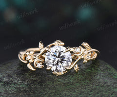 1ct Round cut IGI Lab grown diamond engagement ring 14k yellow gold moon floral five stone ring vintage leaf branch promise ring women