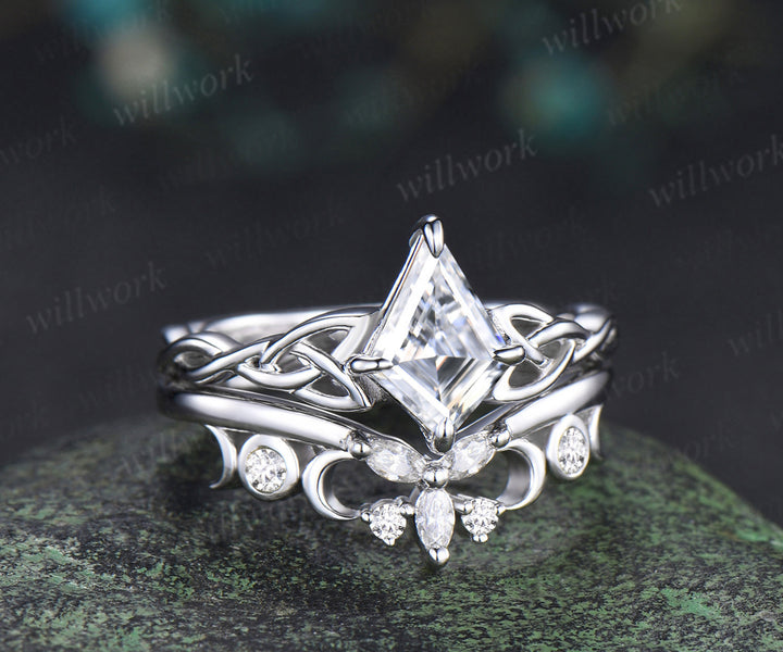 Kite cut lab grown diamond engagement ring set solid 14k white gold Celtic knot infinity solitaire promise ring women