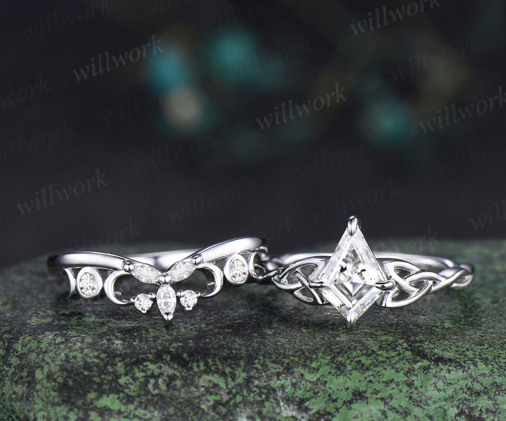 Kite cut lab grown diamond engagement ring set solid 14k white gold Celtic knot infinity solitaire promise ring women