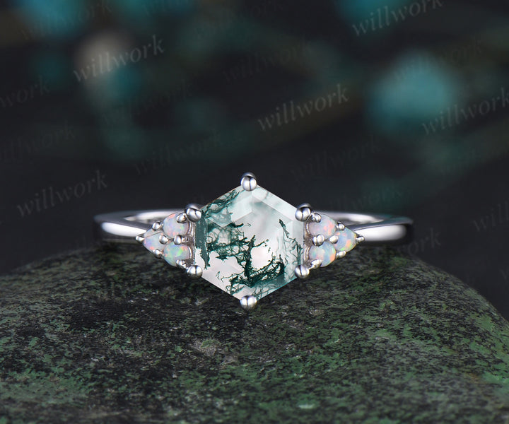 Hexagon cut moss agate engagement ring set white gold opal alexandrite stacking wedding bridal ring set women jewelry gemstone gift